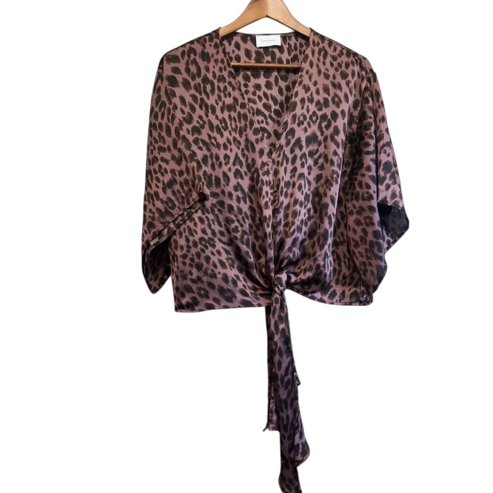 ADRIENNE Leopard Print V Neck Kimono Sleeve Tie Front Blouse Top Women's S‎